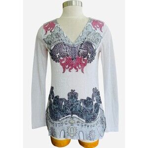 One World Women Medium Embellished Arty Pullover Long Sleeve Tee Top